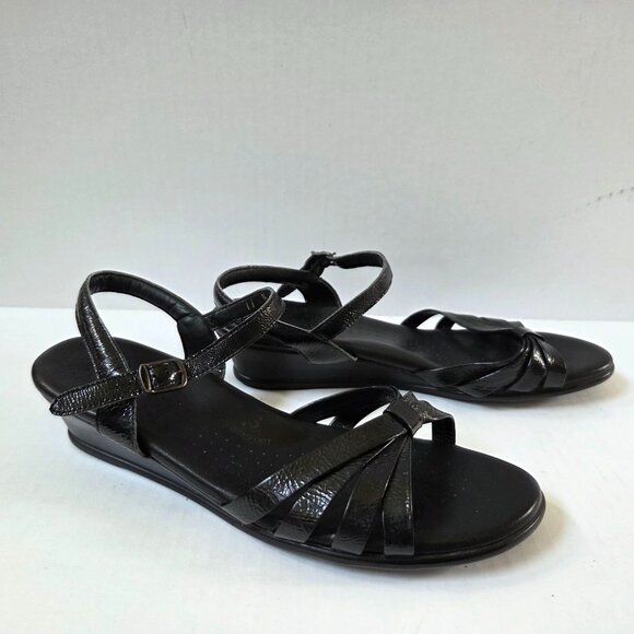 SAS Sandals Womens 11 Black Patent Leather Strippy Quarter Strap Ankle Wedges - Picture 6 of 9